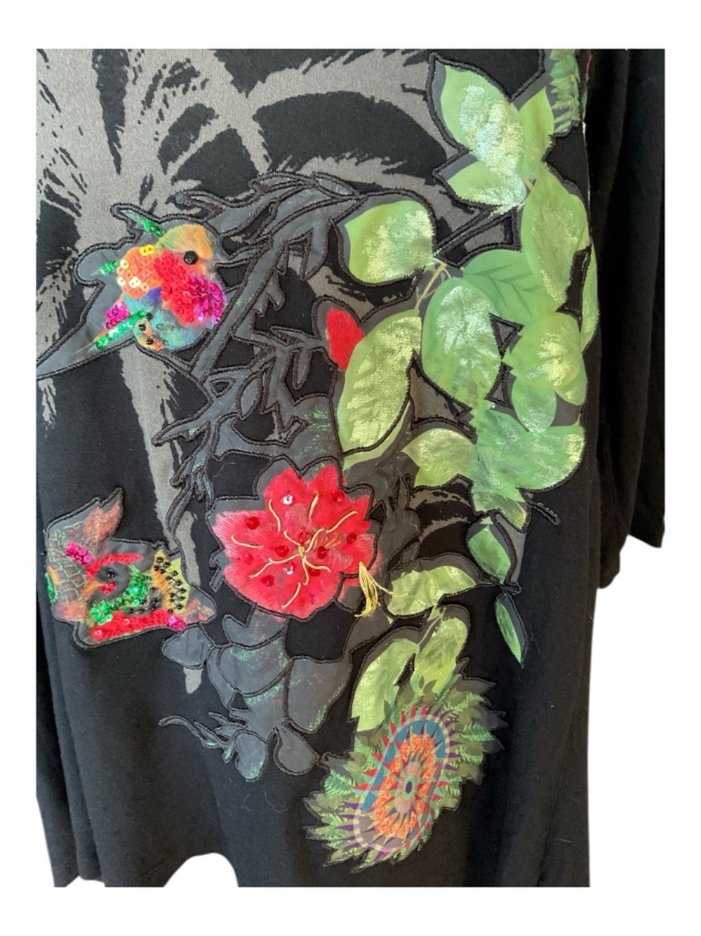 Desigual Floral Hummingbird Tunic Top Black Viscose Embroidered Size L - Picture 2 of 6